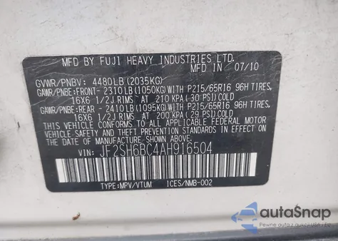 2010 Subaru Forester 2.5X z USA, uszkodzony, nr VIN JF2SH6BC4AH916504